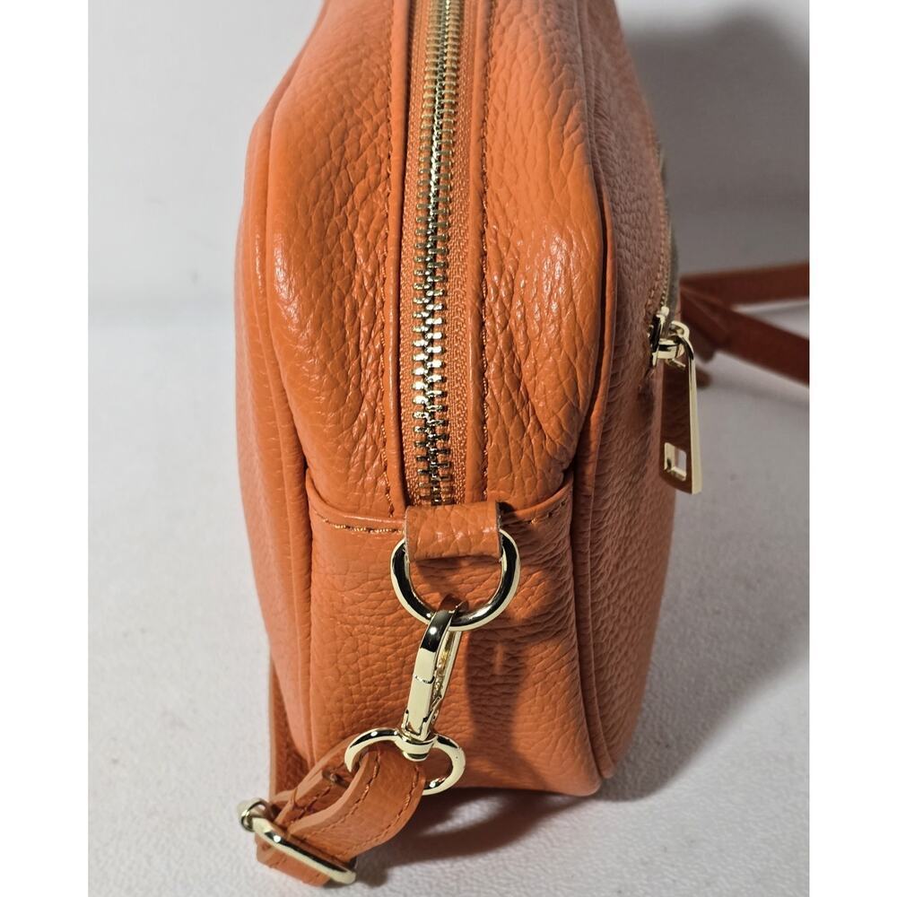 Borse in Pelle Crossbody Shoulder Bag Orange Pebble Leather 2 Straps Made Italy - Picture 5 of 13